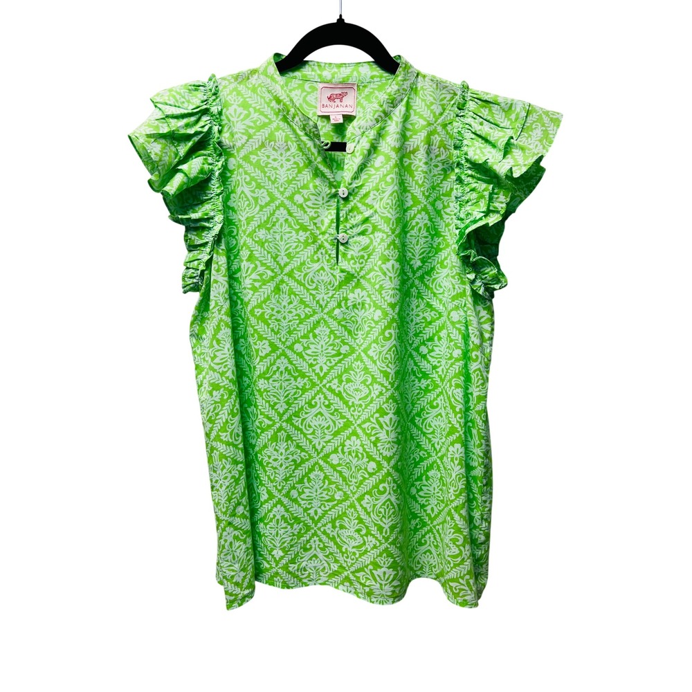 Banjanan Valetta Blouse L Green Cotton Ruffles Romantic Feminine Preppy Coastal